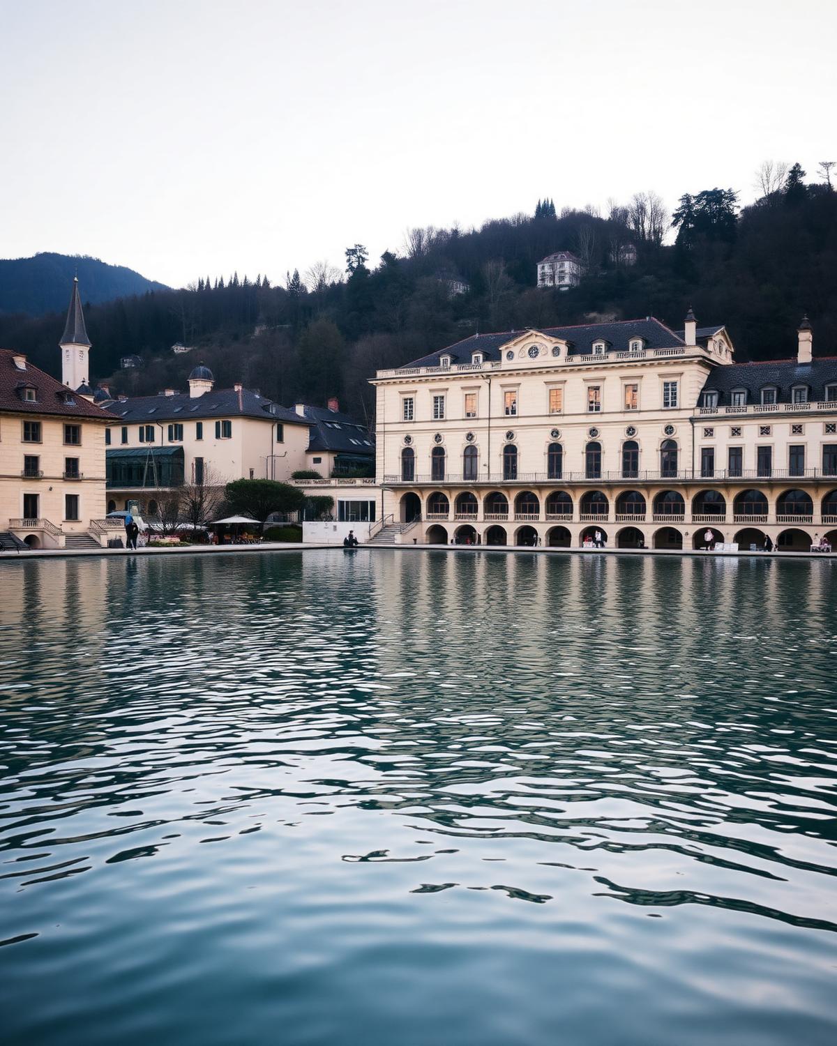 Belle-époque thermal architecture reflected in the calm water at Aix-les-Bains