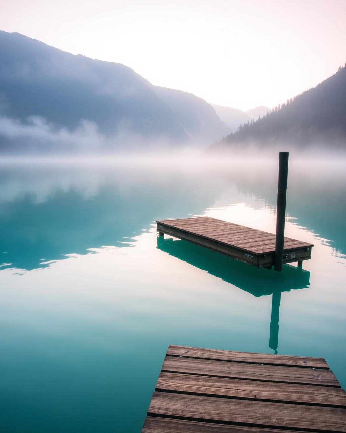 Mist over the turquoise water of Lake Annecy at dawn with a wooden pontoon