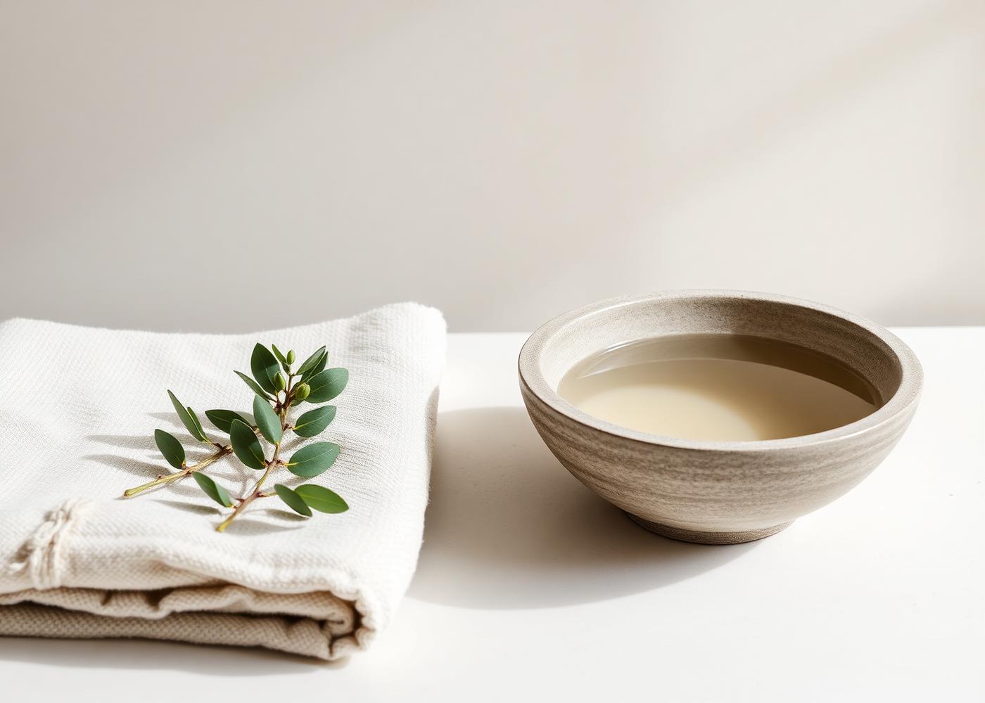 Linen towel, eucalyptus and a stone bowl on a pale surface
