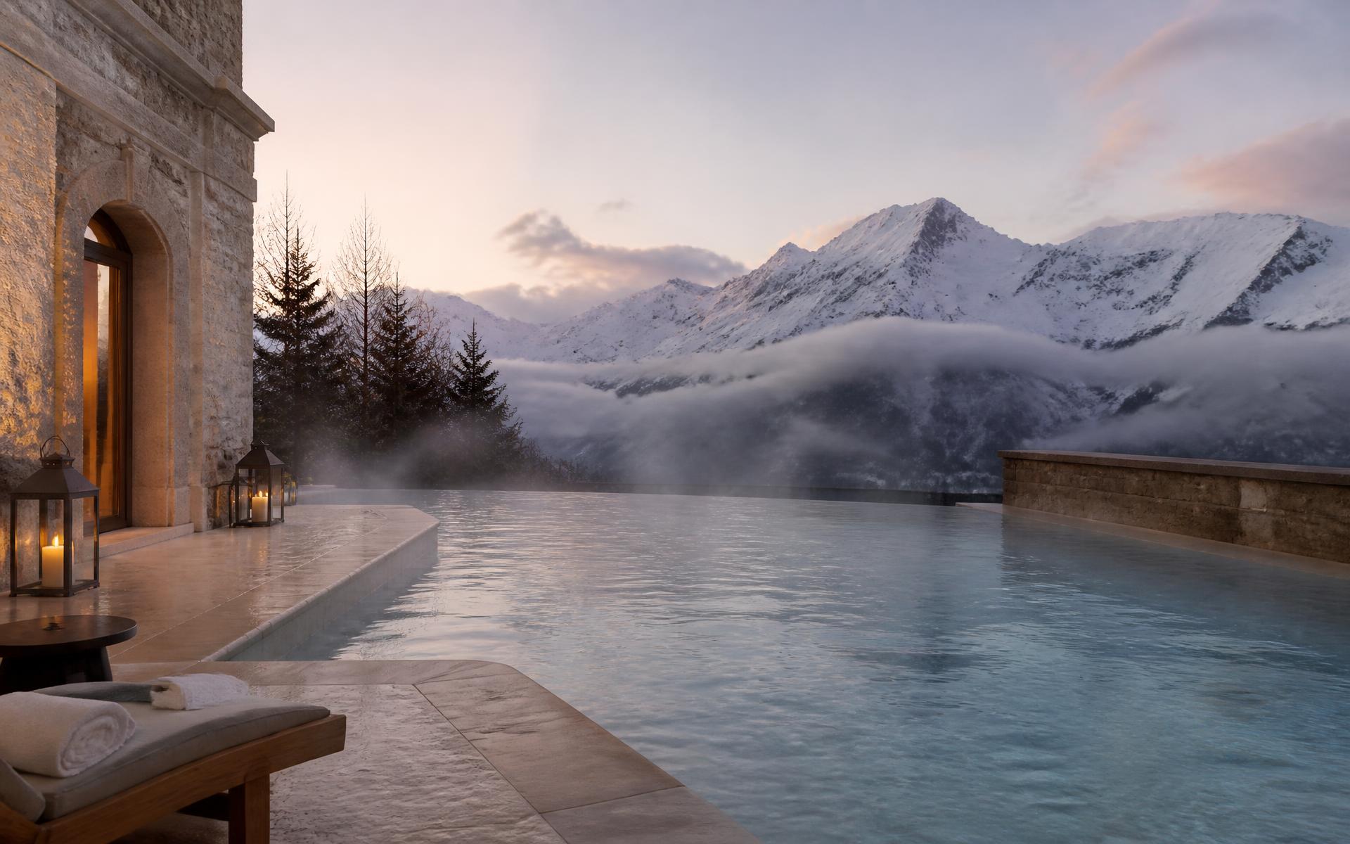 Steaming infinity pool on an alpine hotel terrace facing snow-covered peaks at dusk