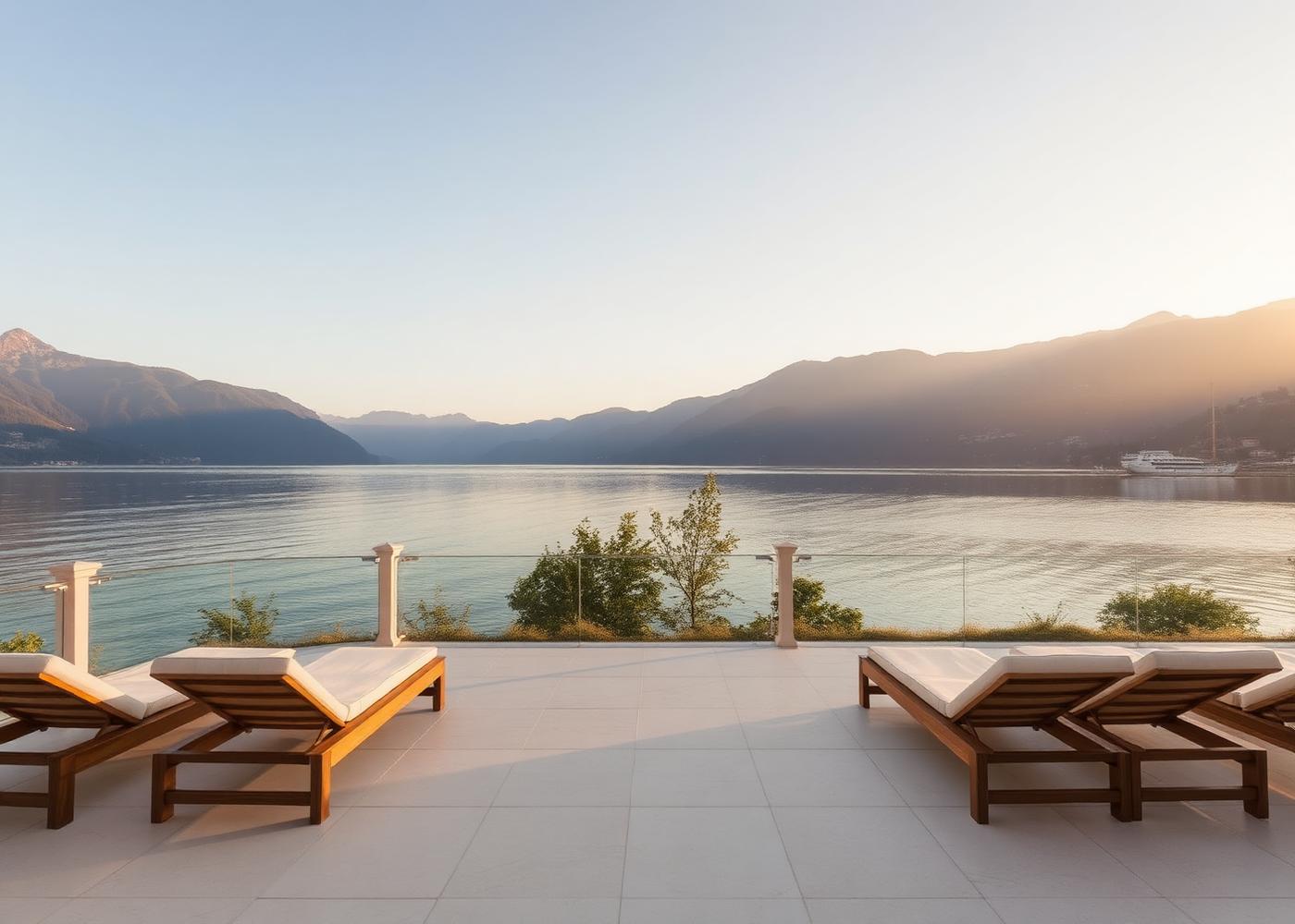 Lakeside spa terrace with loungers at golden hour